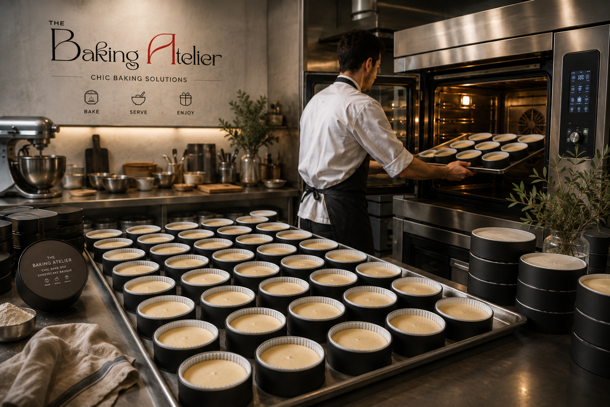 Chic Bake Box cheesecakes being placed into the oven in The Baking Atelier kitchen