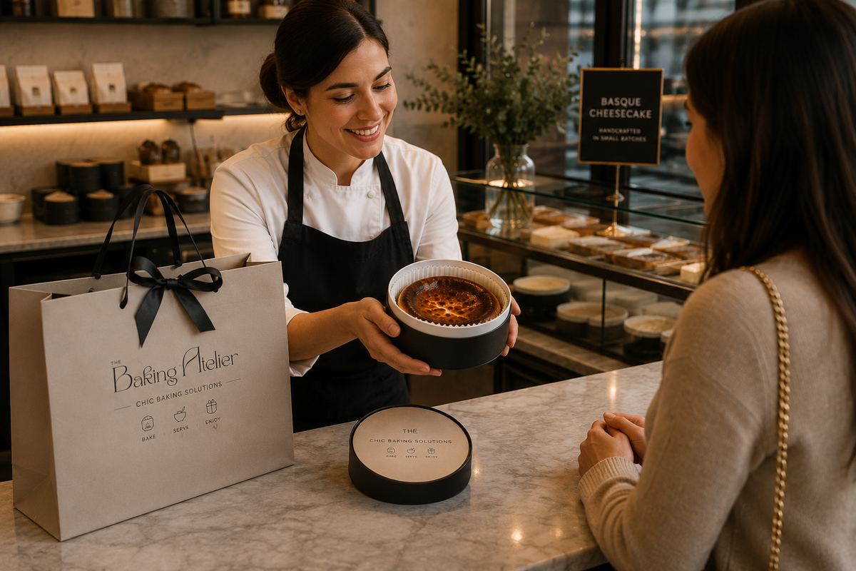 The Baking Atelier team handing a basque cheesecake in the Chic Bake Box to a customer