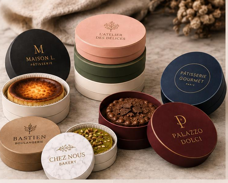 Examples of the Chic Bake Box customized with different bakery and pastry shop logos